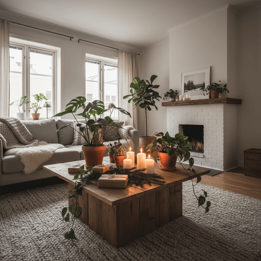 Scandinavian apartment with plants, candles, small gifts on wooden table, cozy neutral light