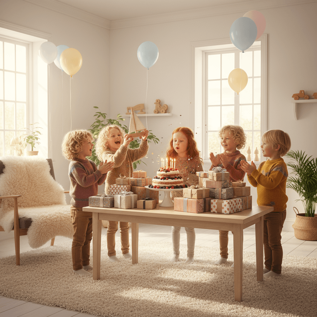 children celebrating birthday with gifts, cake and laughter, Scandinavian bright room