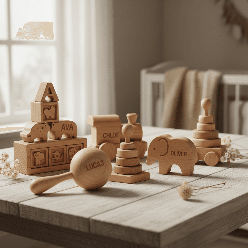 engraved baby gifts with name, wooden toys, natural soft light