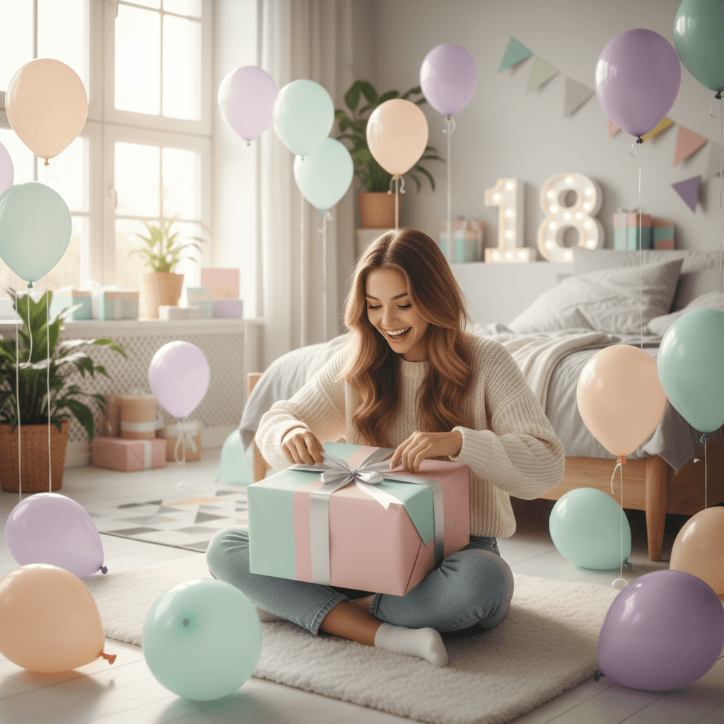 young woman turning 18 opening pastel-colored gift in modern Scandinavian bedroom, soft morning light, balloons, joy, youthful atmosphere