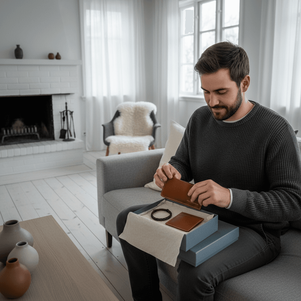 25-year-old man opening stylish leather accessory gift, Scandinavian interior, muted light, refined masculine tone