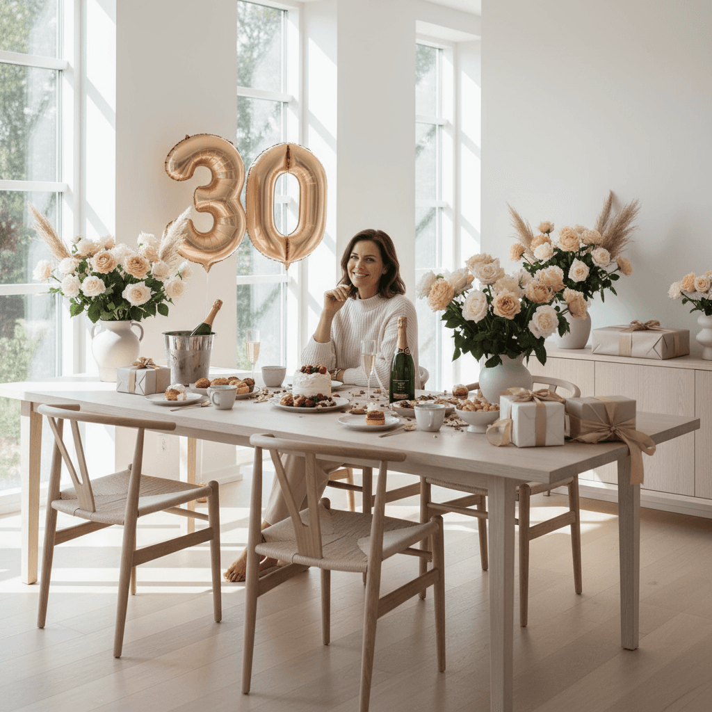 woman in her early 30s enjoying birthday brunch with gifts and flowers, natural light, Scandinavian modern design, champagne tones