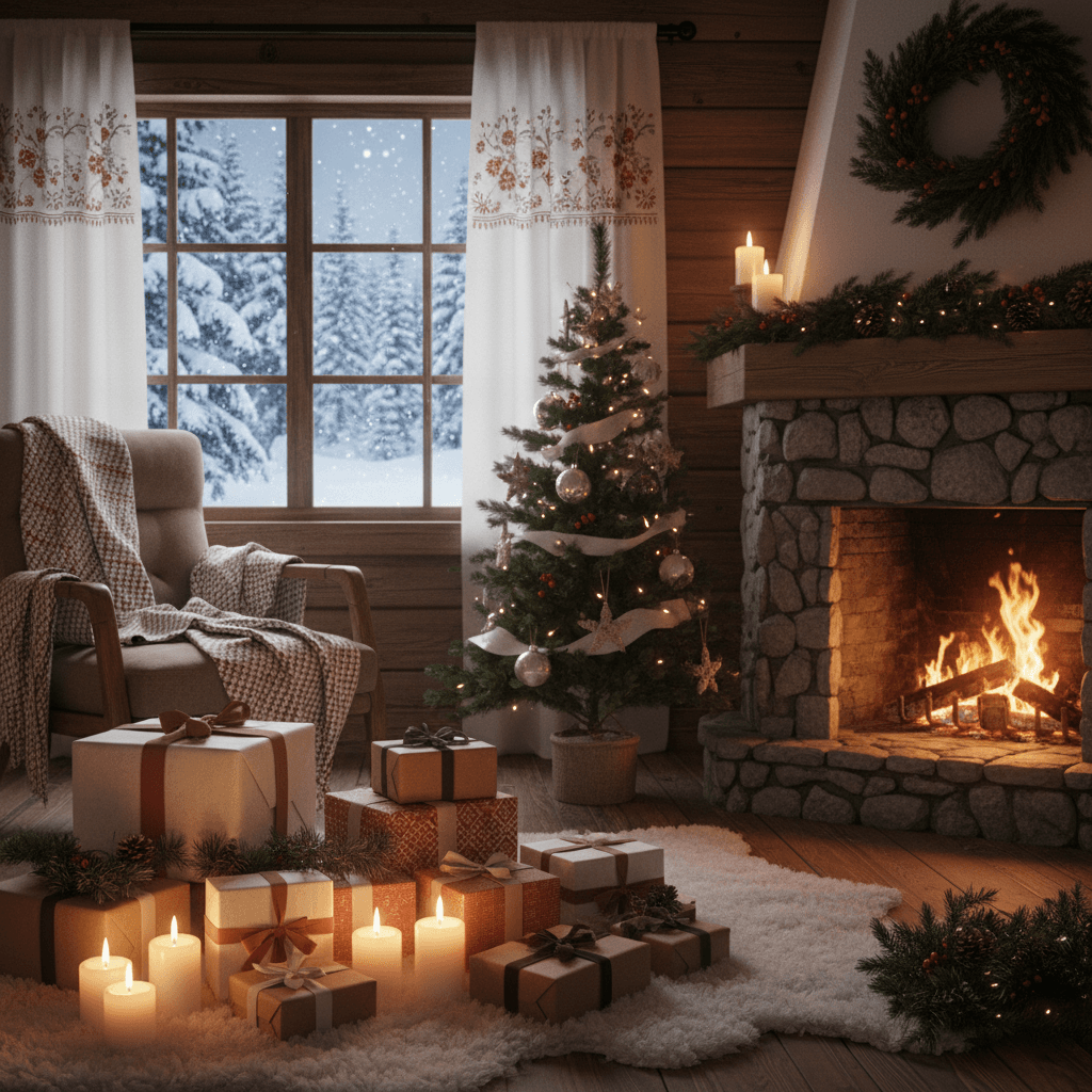 Scandinavian Christmas scene, wrapped gifts, candles, pine branches, cozy warm interior, snow outside window
