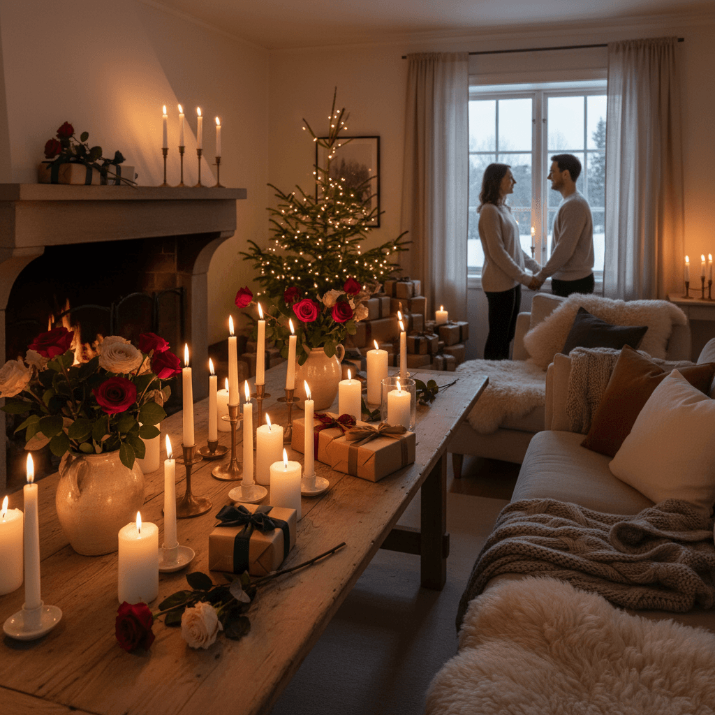 romantic Scandinavian scene — candles, roses, wrapped gifts, soft lighting, cozy mood