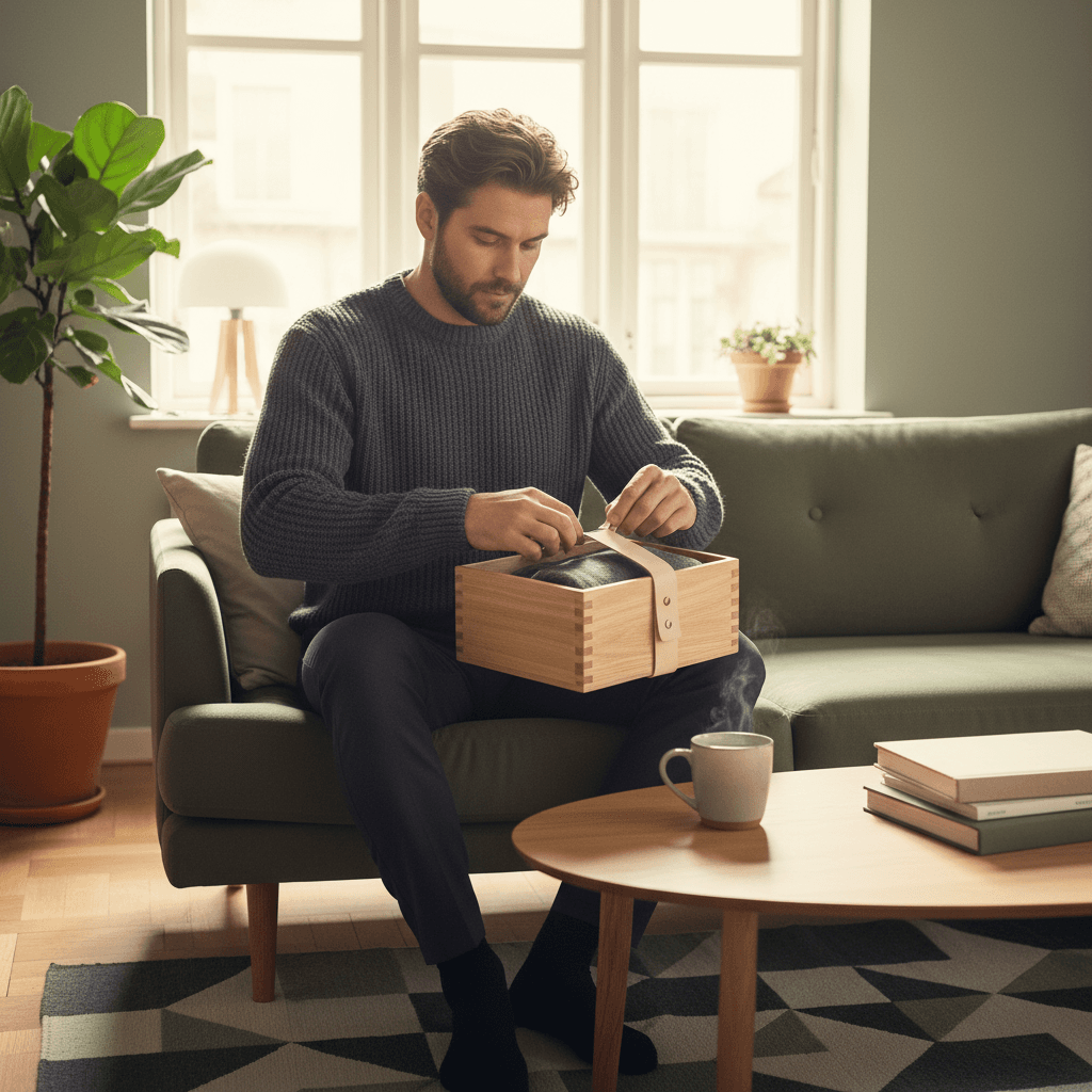 modern Scandinavian man opening a gift box, warm indoor lighting, natural wood, muted green tones, lifestyle photography