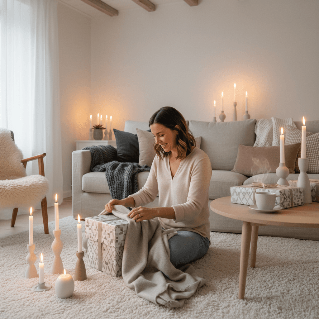smiling woman unwrapping a gift in cozy living room, candlelight, neutral Scandinavian tones, elegant and soft ambiance