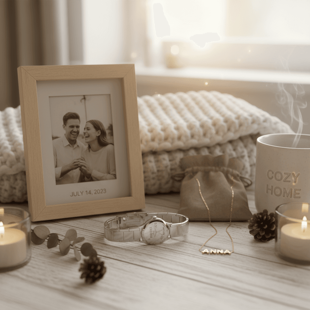 close-up of personalized gifts — engraved items, framed photo, jewelry with name — warm Scandinavian lighting