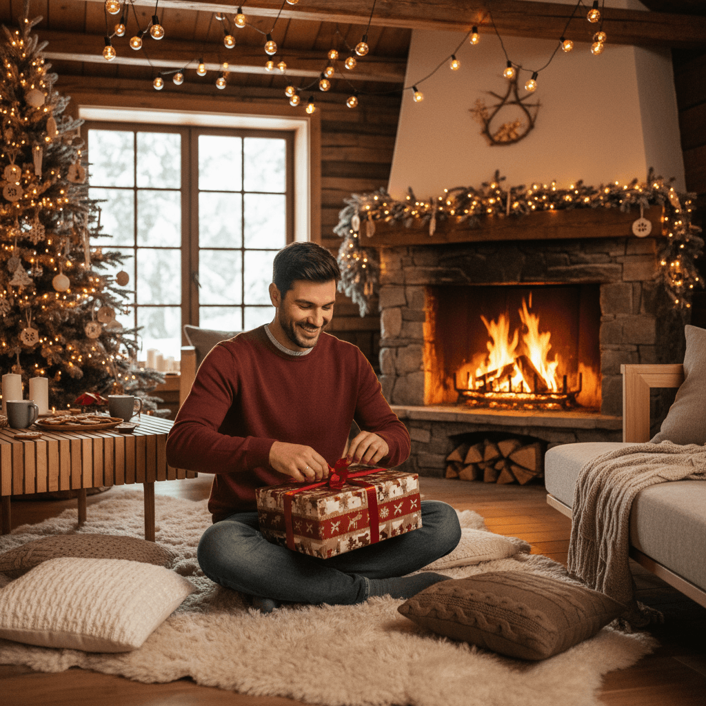 man opening a Christmas gift in cozy room, festive lights, warm tones, rustic Scandinavian style