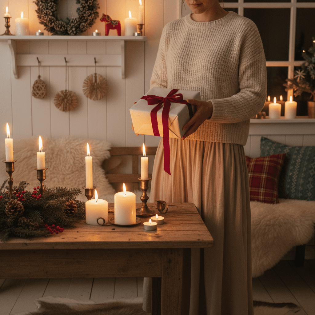 woman holding a wrapped Christmas gift, candlelight, festive Scandinavian decor, elegant and warm