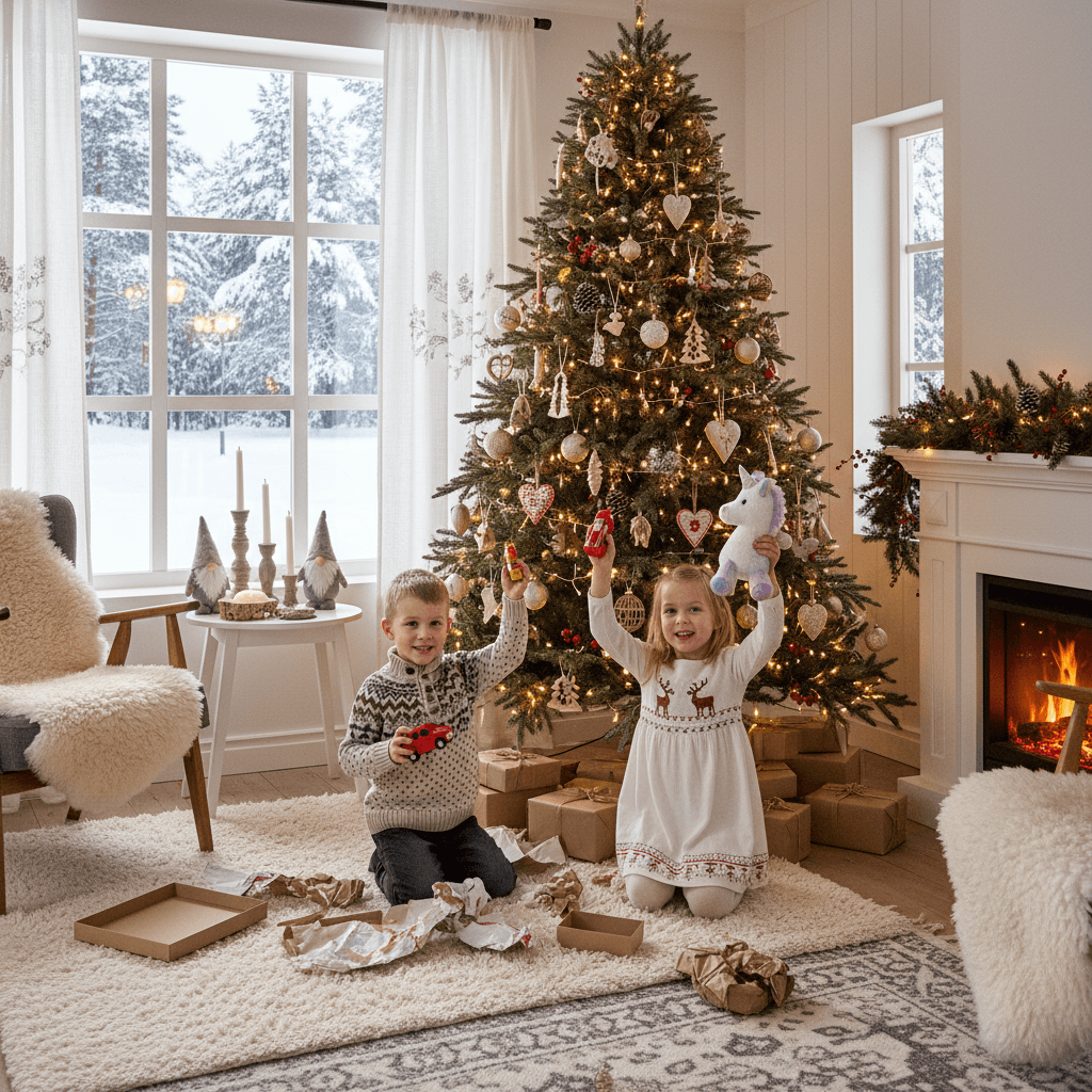 kids opening Christmas gifts by tree, warm lights, snow outside, Scandinavian festive interior