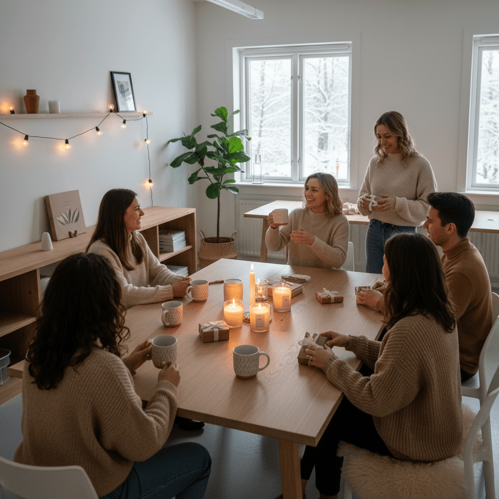 office gift exchange in Scandinavian workspace, mugs, candles, small wrapped gifts, warm ambient light
