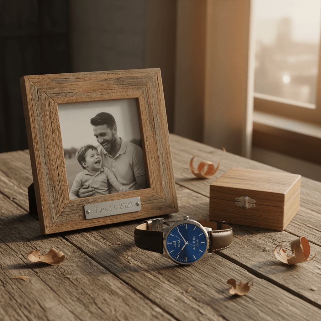 personalized gift for dad — engraved watch, photo frame — on rustic wood table, warm light