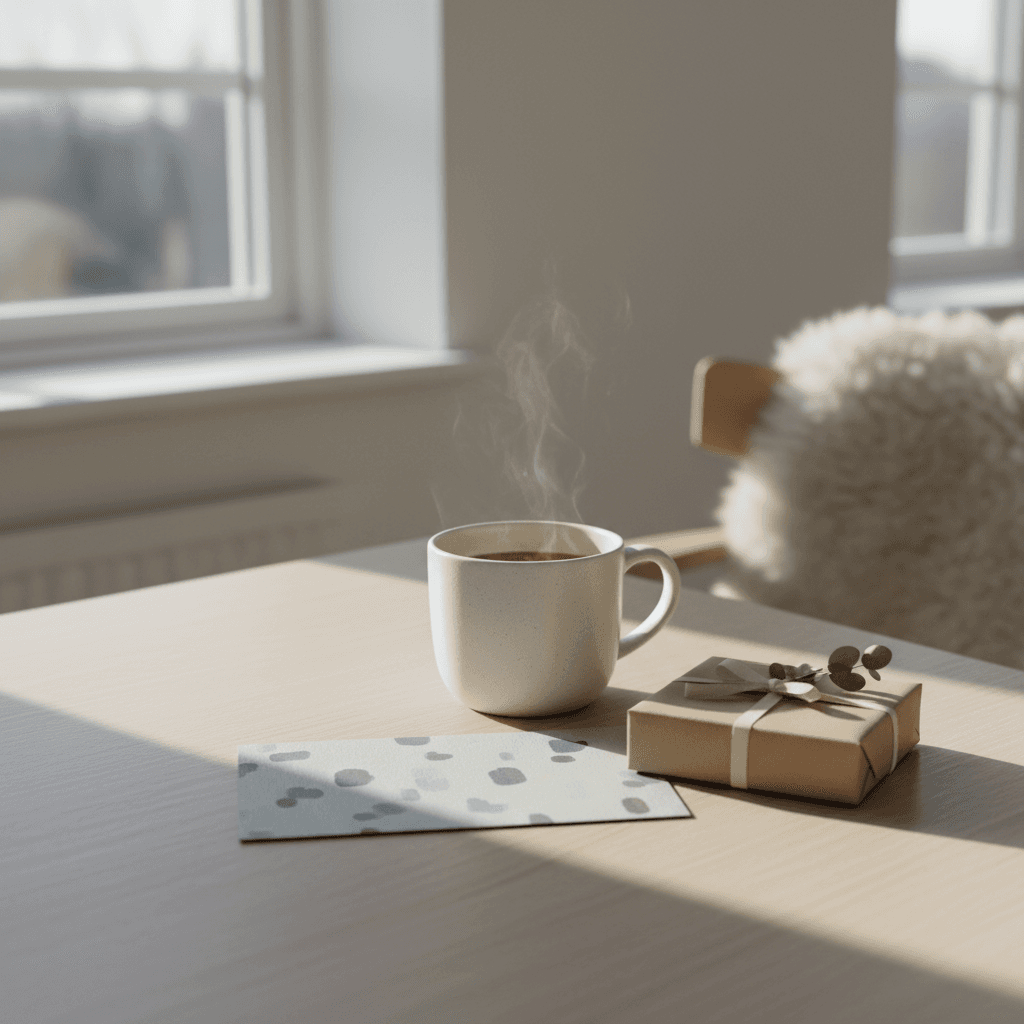 simple, cozy setup — mug, card, small gift — soft daylight, Scandinavian minimal interior