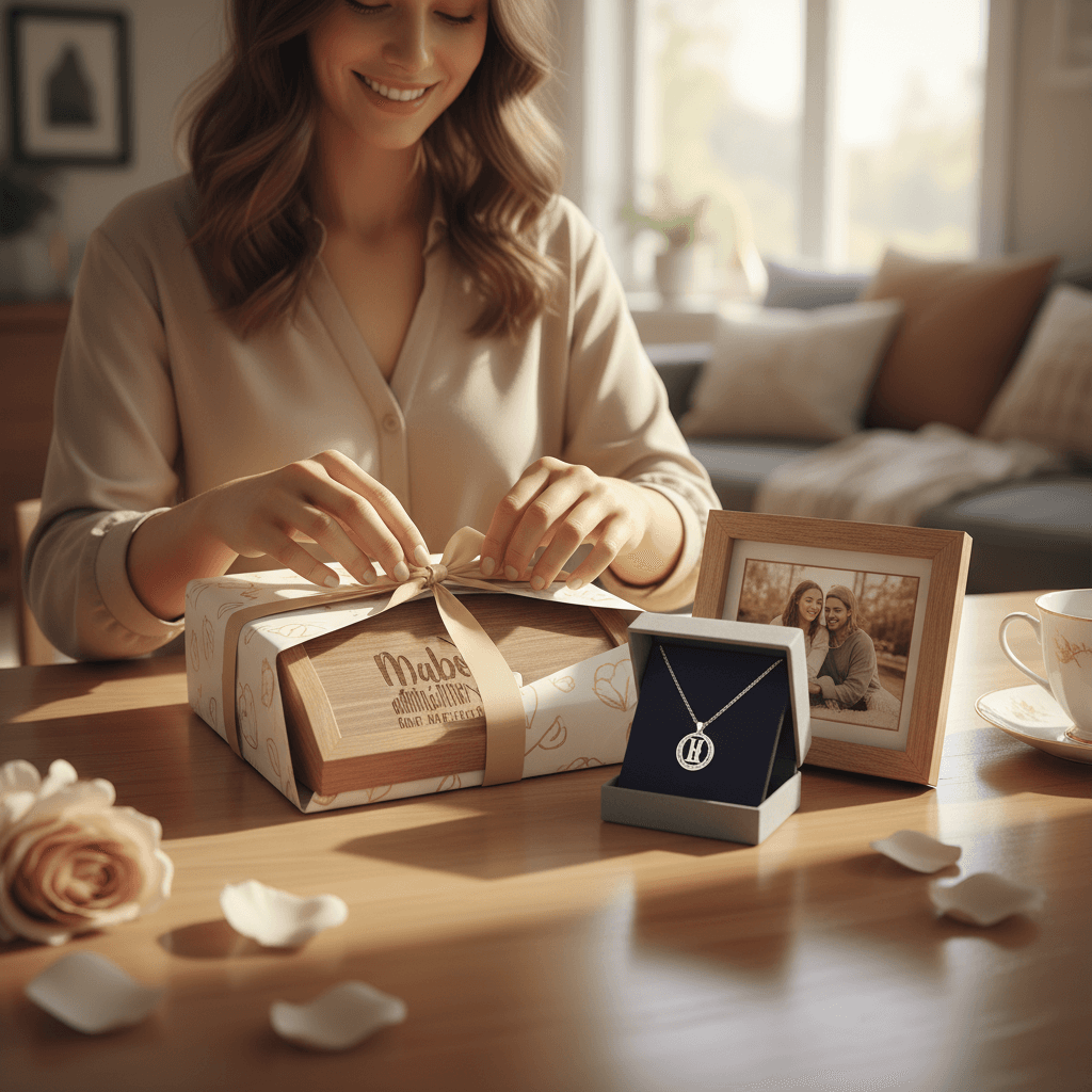 woman opening a personalized gift — photo frame, jewelry — on a bright wooden table, soft tones