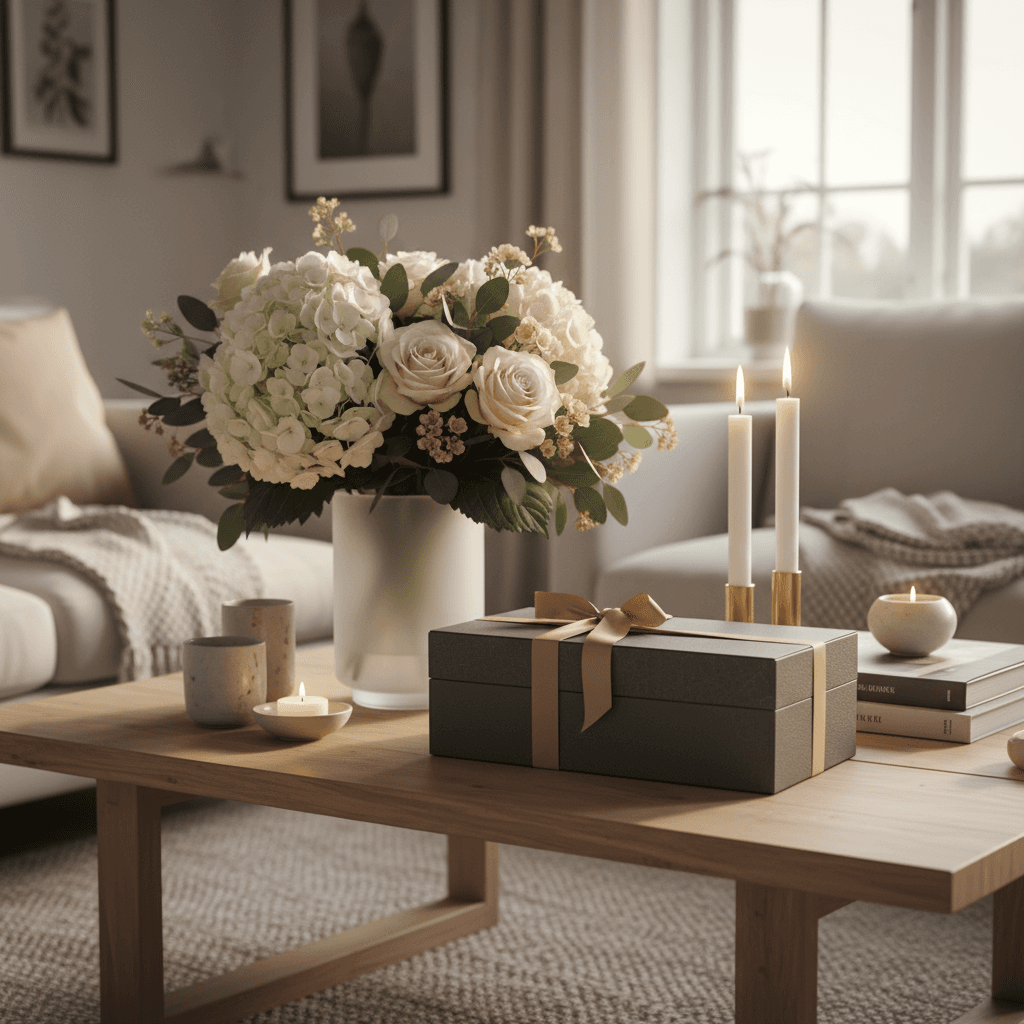 luxury gift setup — flowers, elegant box, candles — Scandinavian home, warm light