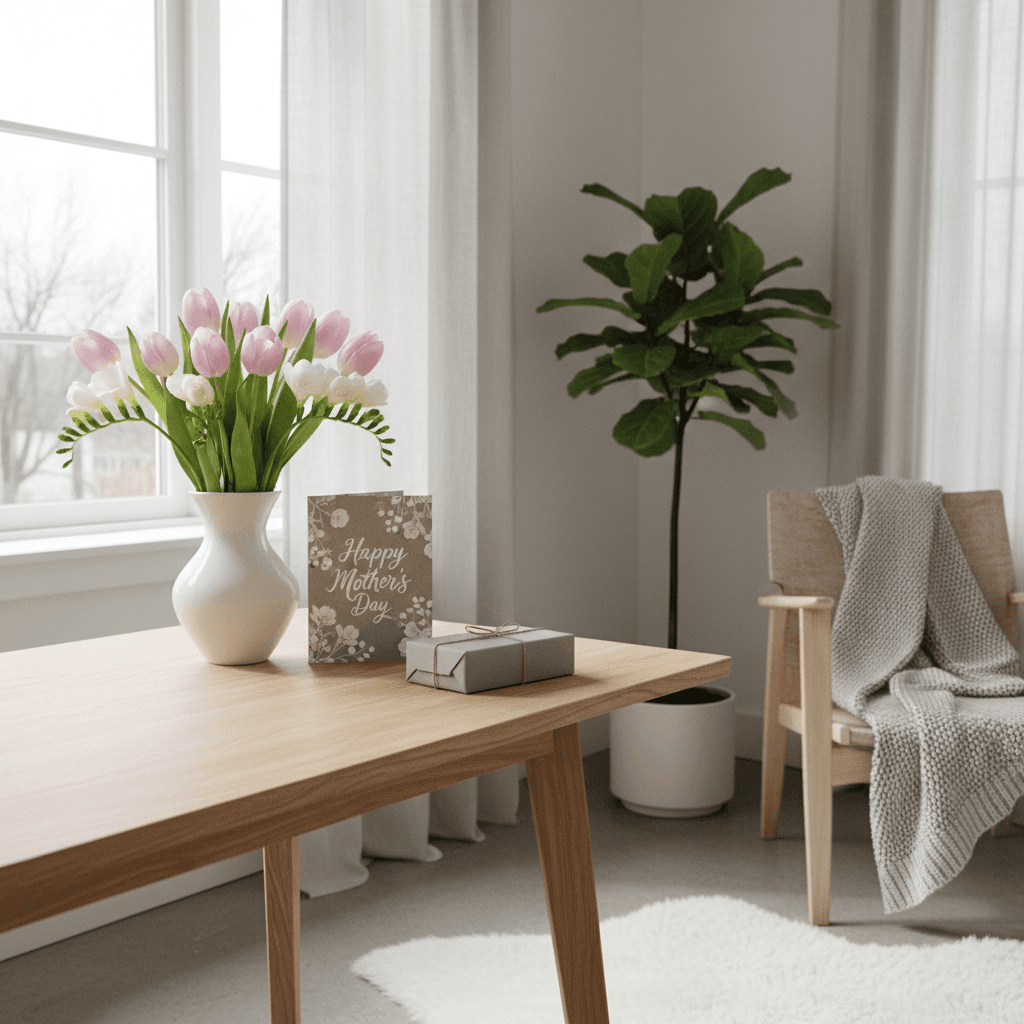 simple Mothers Day setting — card, small wrapped gift, flowers — clean Scandinavian interior